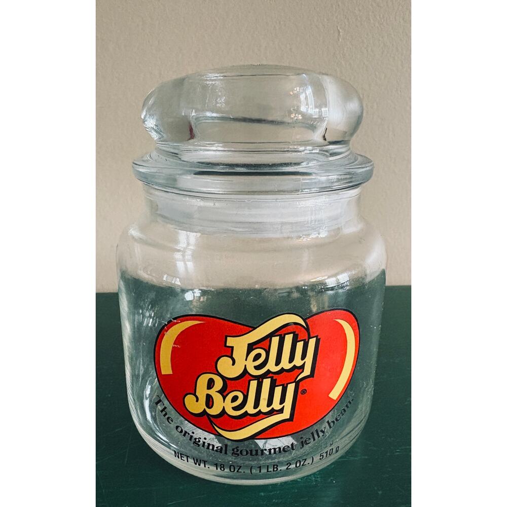 Jelly Belly 18 oz Clear Glass Jar EMPTY Air Tight Lid 5.5”T x 3.75”D